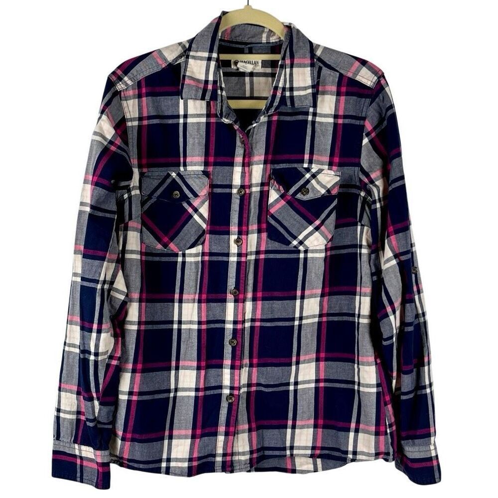 Magellan Shirt Plaid Roll Tab Sleeve Button Down Large
